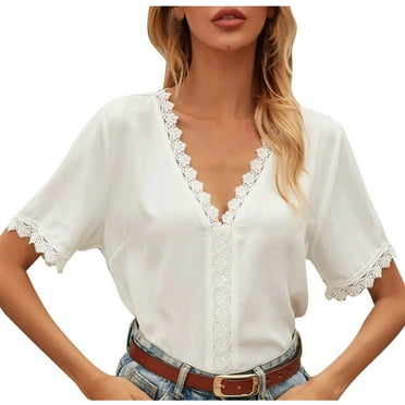 Hot6sl Womens Tops, Women's Short Sleeve V Neck Ribbed Knit Chiffon T Shirts Henley Solid Cold Summer Tops Summer Savings Clearance Blouses