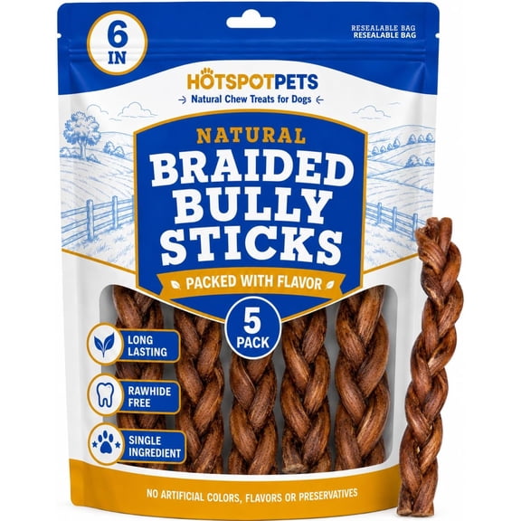 HotSpot Pets All Natural Braided Bully Sticks 6 Inch - 5 Pack - 100% Beef Chew Dog Treat for Large Dogs