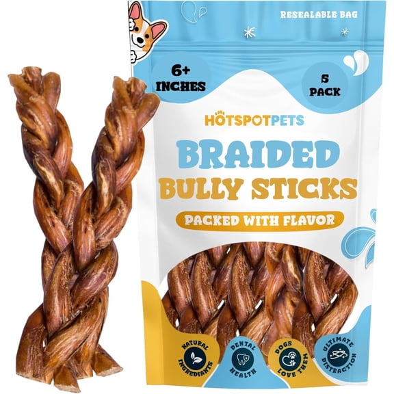 HotSpot Pets All Natural Braided Bully Sticks 6 Inch - 5 Pack - 100% Beef Chew Dog Treat for Large Dogs