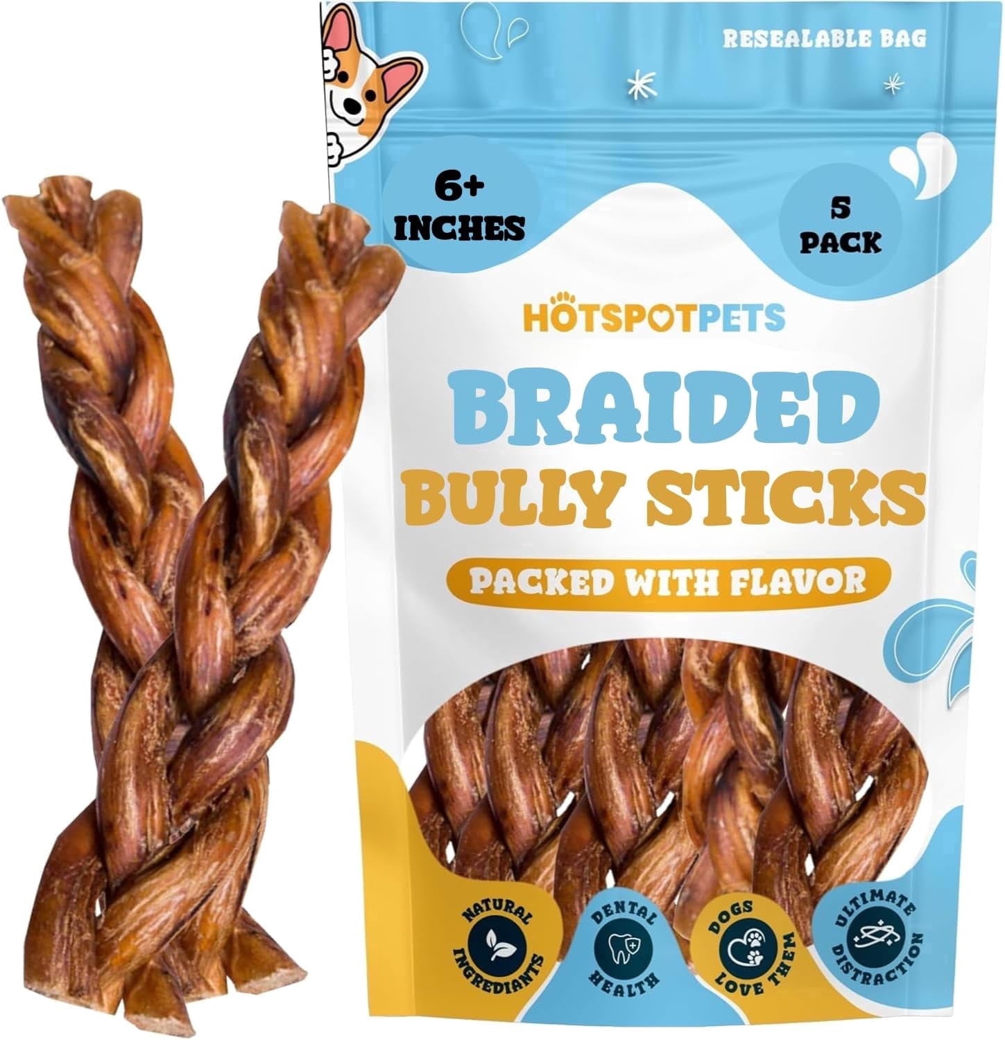 HotSpot Pets All Natural Braided Bully Sticks 6 Inch - 5 Pack - 100% Beef Chew Dog Treat for Large Dogs