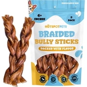 HotSpot Pets All Natural Braided Bully Sticks 6 Inch - 5 Pack - 100% Beef Chew Dog Treat for Large Dogs