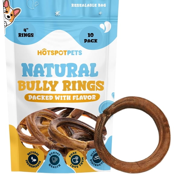 HotSpot Pets Bully Stick Rings for Dogs - Premium Natural Beef Pizzle Chew Treats - Grain Free (10 Pack)