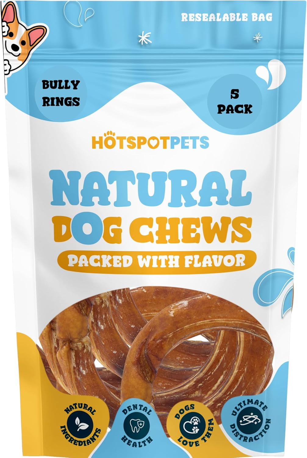 HotSpot Pets Bully Stick Rings for Dogs (5 Pack) - Premium All Natural Beef Pizzle Chew Treats - Grain Free