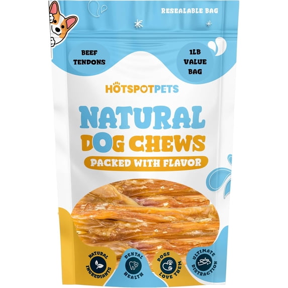 HotSpot Pets Natural Beef Tendon Chews for Dogs - 8 Inch Free-Range Grass-Fed USDA Beef - Made in USA (1 Pound)