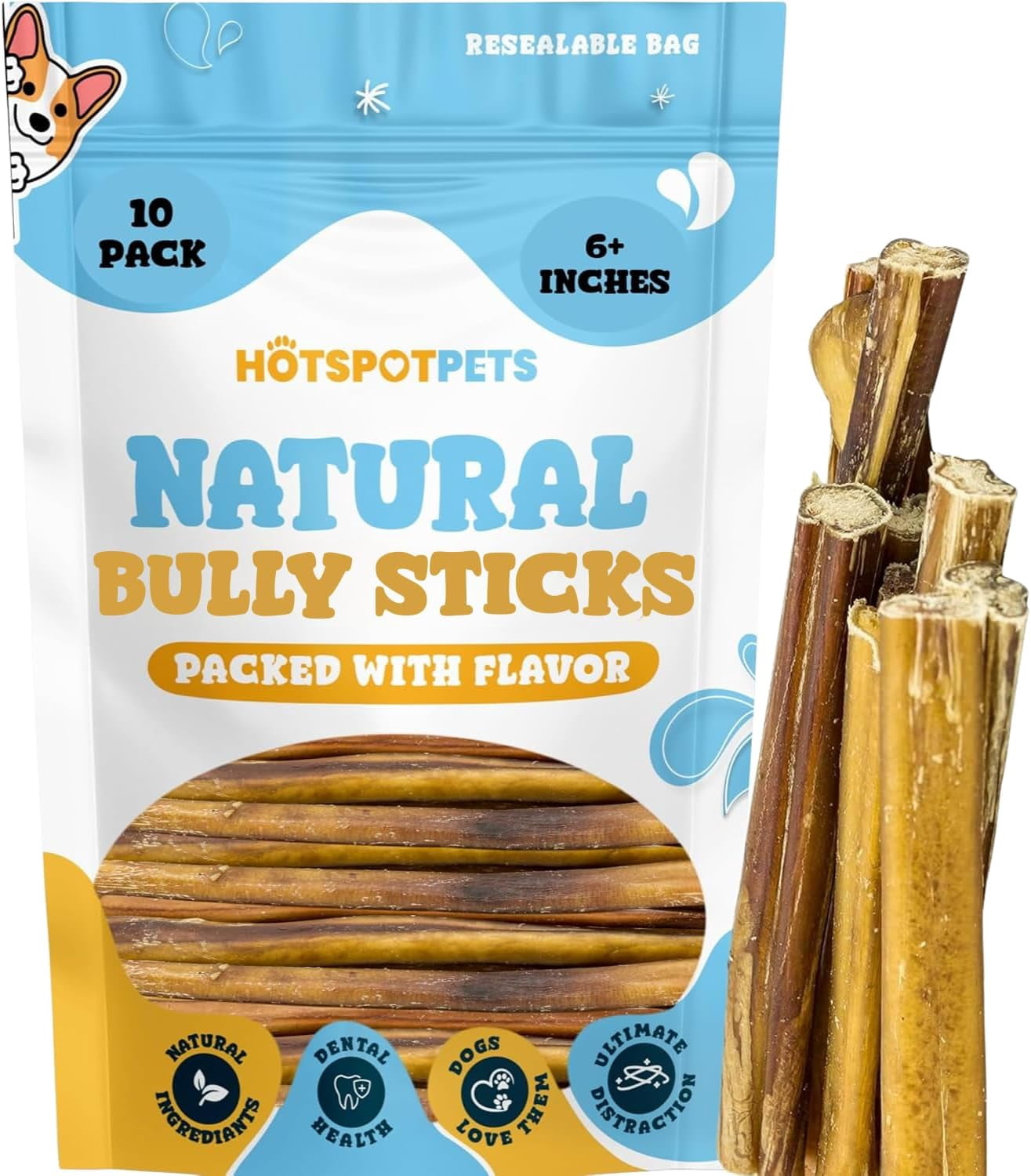 HotSpot Pets All Natural Bully Sticks 6 Inch - 10 Pack - 100% Beef Chew Dog Treat for Large Dogs