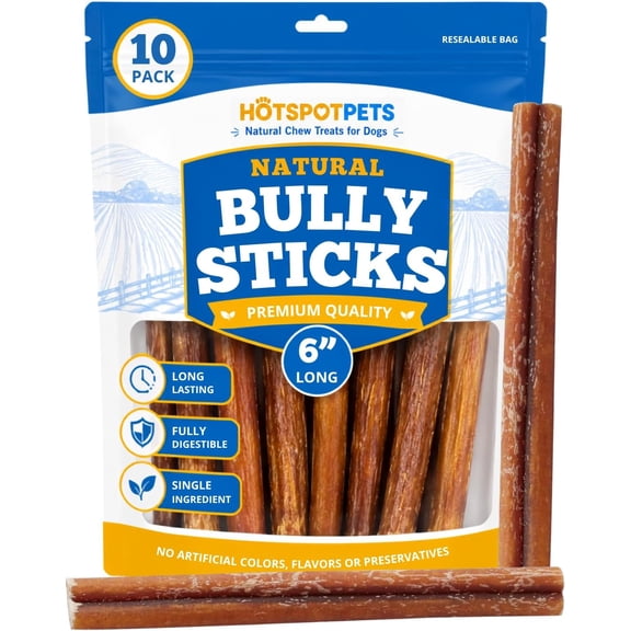 HotSpot Pets All Natural Bully Sticks 6 Inch - 10 Pack - 100% Beef Chew Dog Treat for Large Dogs