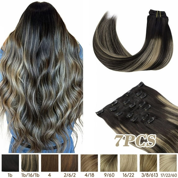 Hotbanana Clip in Hair Extensions Black to Light Blonde Real Remy Human Hair Weave Double Weft Full Head 14-24 inch 7pcs 120g