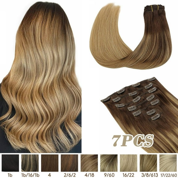 Hotbanana Clip in Hair Extensions Brown Real Remy Human Hair Weave Double Weft Full Head 14-24 inch 7pcs