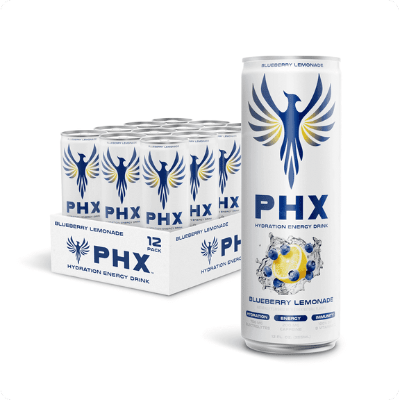PHX Hydration Energy Drink, Blueberry Lemonade, 12 fl oz, 12 pack cans