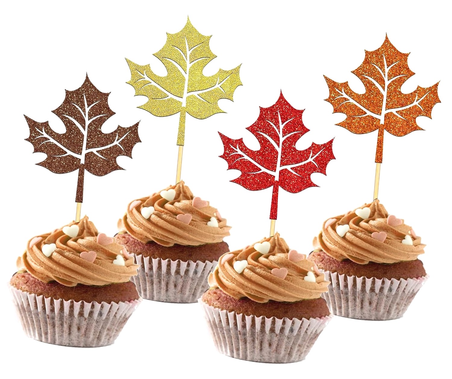 Thanksgiving Cake Toppers - 12-Pack Colorful Glitter Maple Leaf Cupcake Decorations