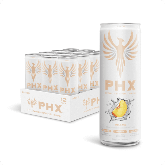 PHX Hydration Energy Drink, Peach, 12 fl oz, 12 pack cans