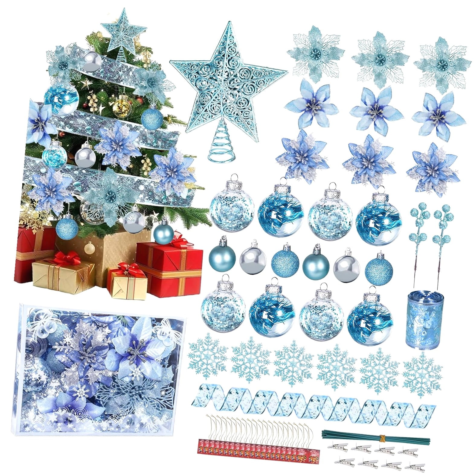 Hotbar 76PCS Christmas Tree Decorations Set, Blue Christmas Tree ...