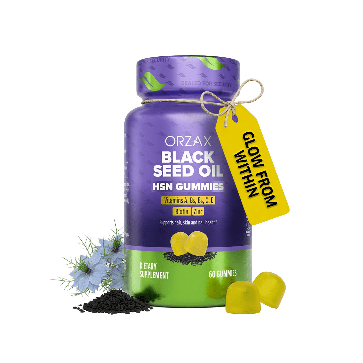 ORZAX Black Seed Oil HSN Gummies 500mg – Hair Skin Nails Support with Biotin, Vitamin C, A, E & Zinc – Pectin Based Gummy - 2 Months Supply