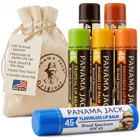 Panama Jack SPF Lip Balm Flavor Variety Pack, Smooth and Hydrating Lip Care, SPF 45, 6 Pack