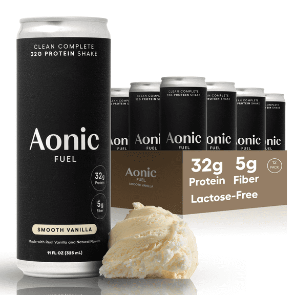 Aonic Fuel 32g Protein Shake, 5g Fiber, Lactose-Free, Complete Amino Acid Profile, No Added Sugar, Made with Real Vanilla, 11 fl oz (Pack of 12) - Smooth Vanilla