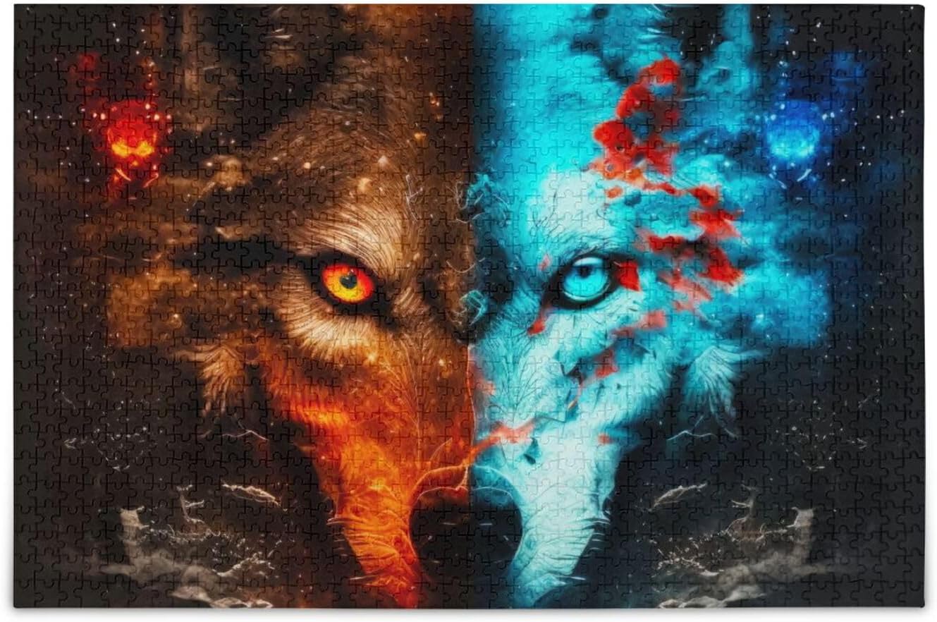 Hotbar Fire Ice Wolf Face Jigsaw Puzzle, 1000 Pieces Paper Wood