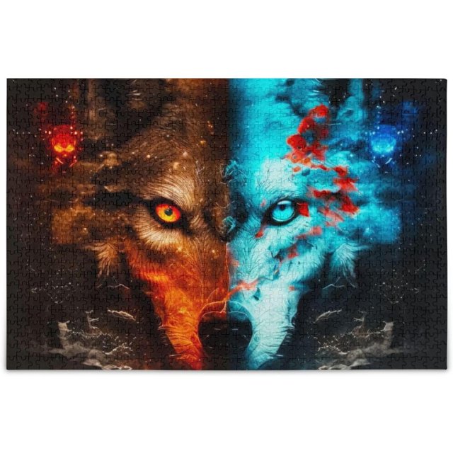 Hotbar Fire Ice Wolf Face Jigsaw Puzzle, 500 Pieces Paper Wood