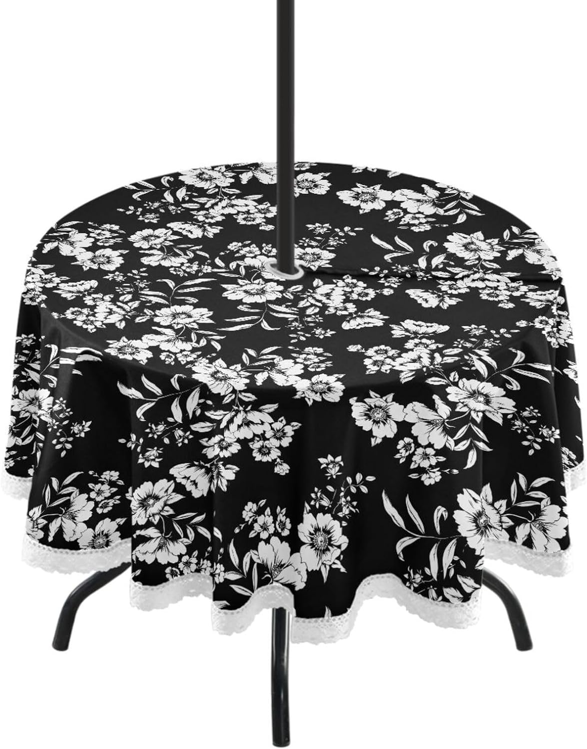Hotbar Floral Pattern Black Outdoor Tablecloth, Waterproof Fabric Table