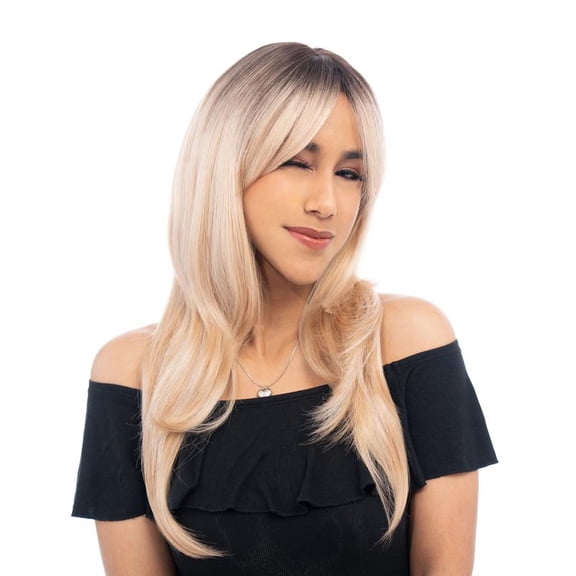 22-Inch Warm Blonde Ombré (Black Roots, Platinum Highlights) Layered Light Wave Synthetic Wig | 【Heat Resistant】【Cap Included】 | #13