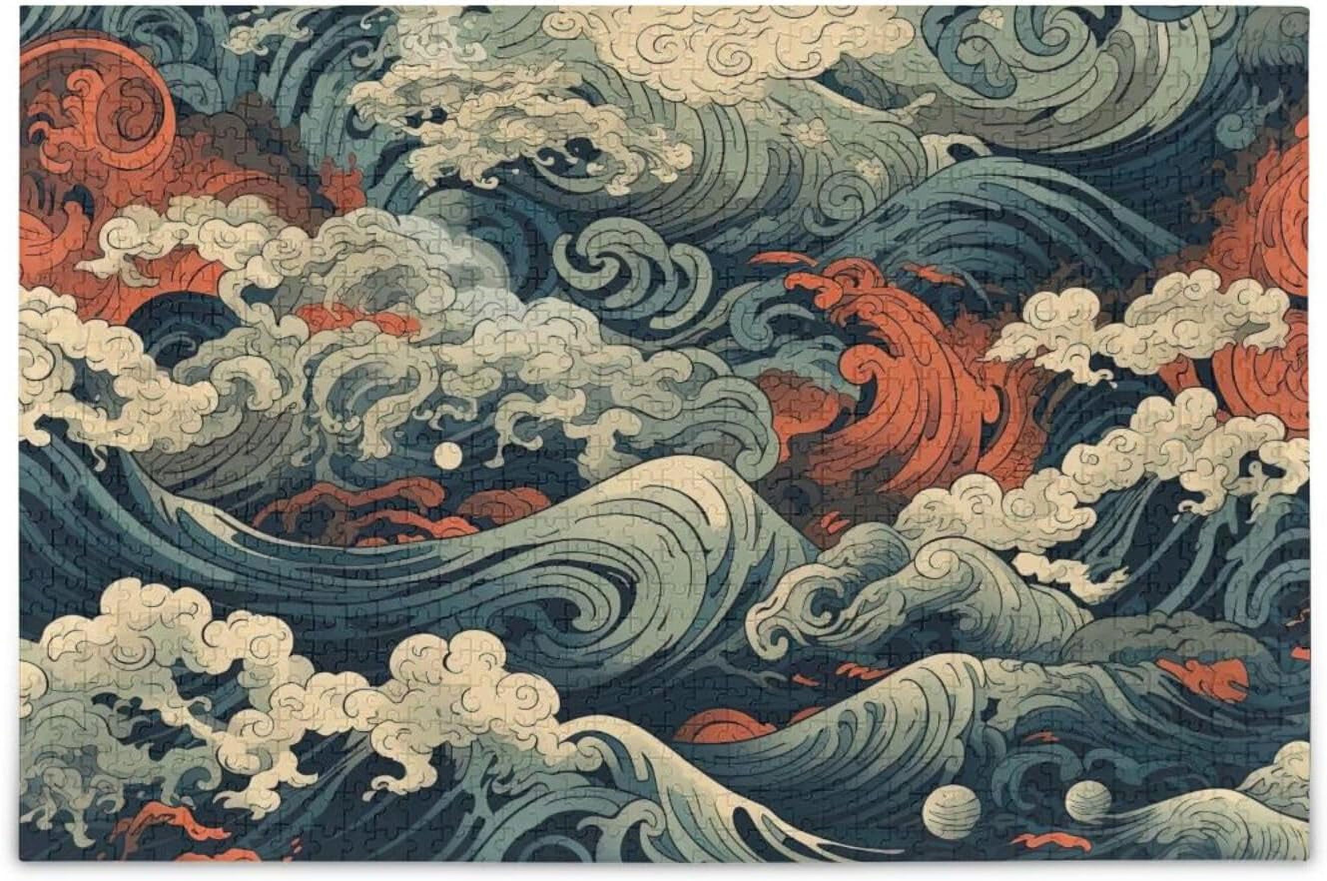 Hotbar Japanese Sea Wave Jigsaw Puzzle 500 Pieces, Zigsaw with Storage