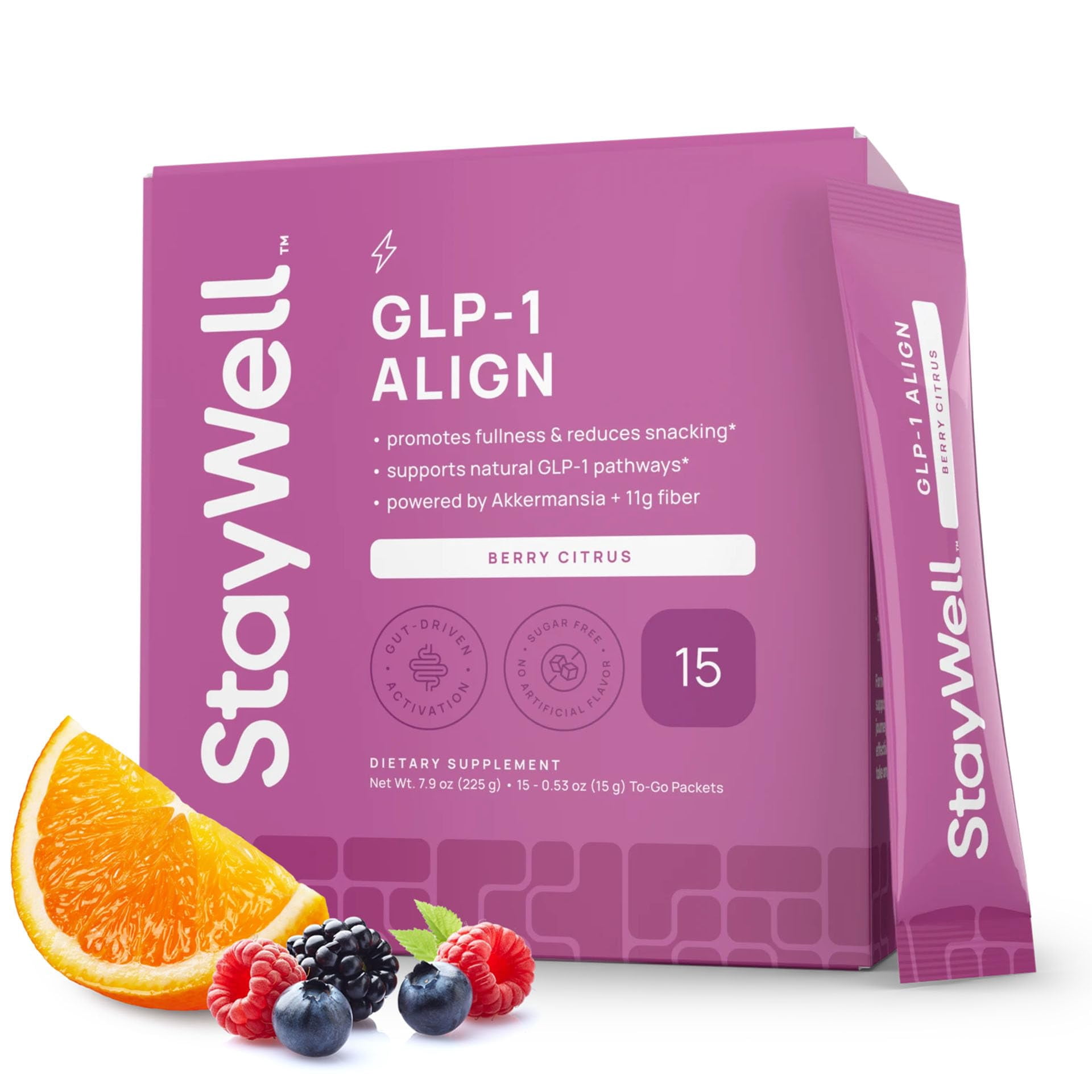 Stay-Well Naturals GLP-1 Probiotic | Akkermansia GLP-1 Supplement, Fiber GLP 1 Booster | Probiotic and Fiber Support with Inulin, Psyllium PHGG, and Soothing Ginger Extract - Berry Citrus 15 Ct.