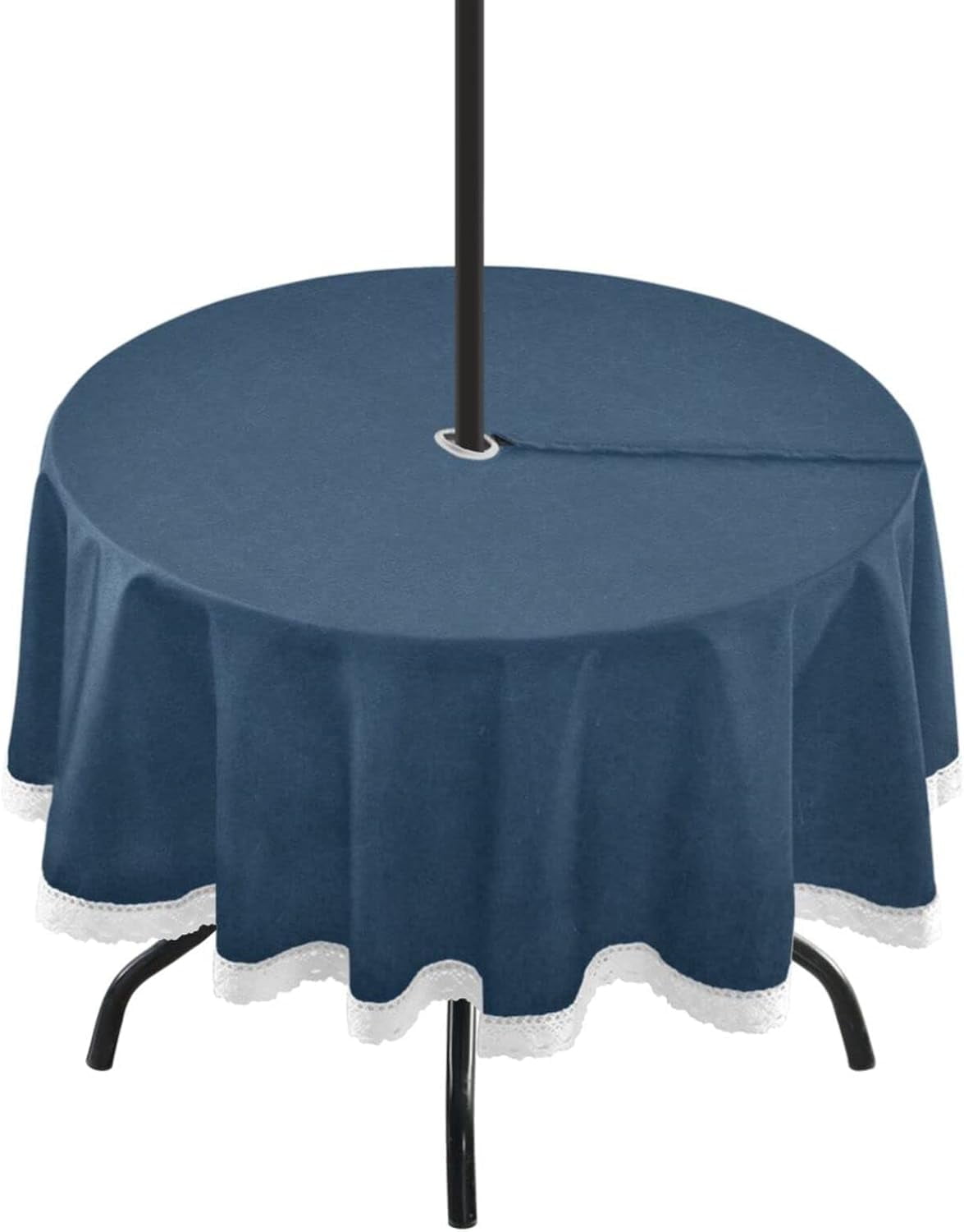 Hotbar Outdoor Table Cloth Navy Blue Texture Round Tablecloth with Umbrella Hole and Zipper