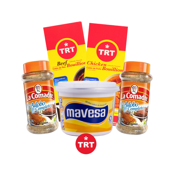 Venezuelan Flavor Pack: 2 Adobo La Comadre, 1 Mavesa Margarine, 1 TRT Chicken Bouillon & 1 TRT Beef Bouillon (5 pcs)