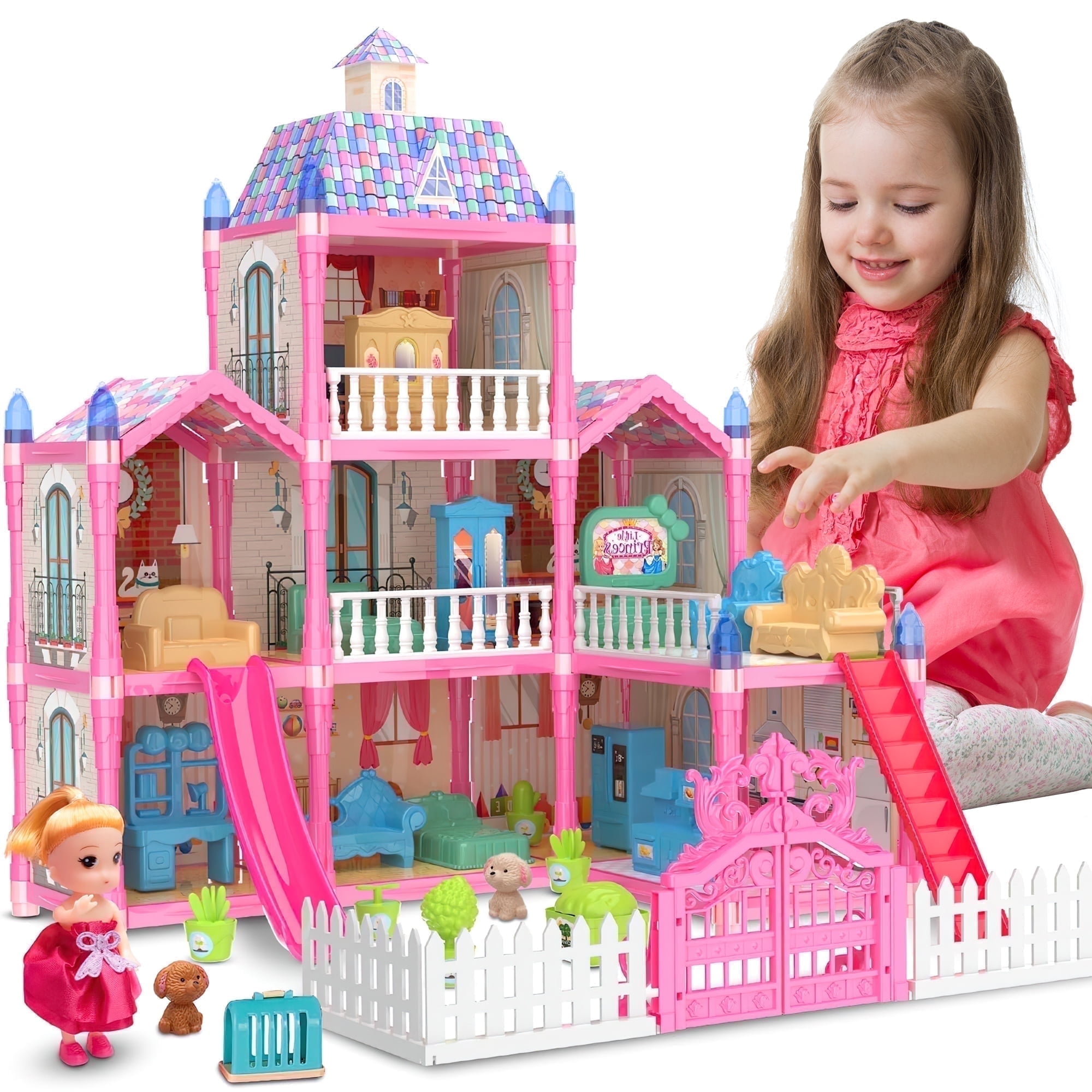 Hot Bee Girls Dollhouse with Slide, Pink, 16.7''