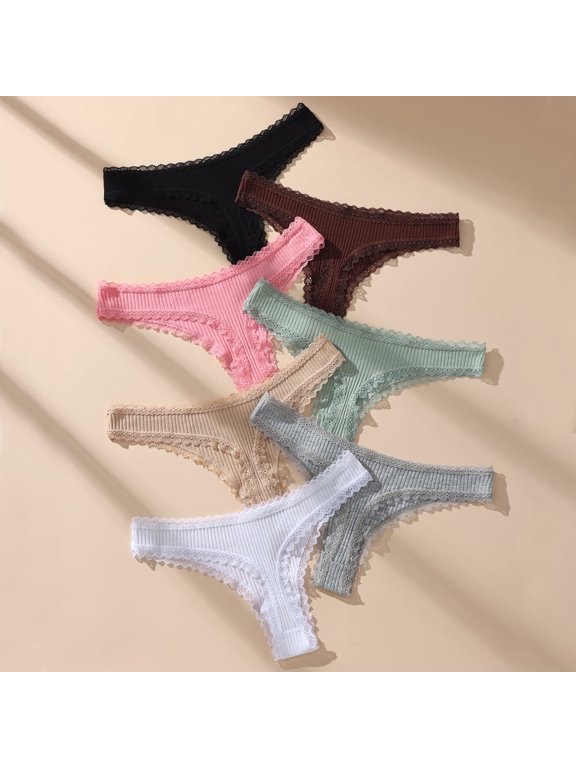 solid color black lace women's thong, low waist exposed navel underwear for women, sexy and seamless versatile underwear 7pcs