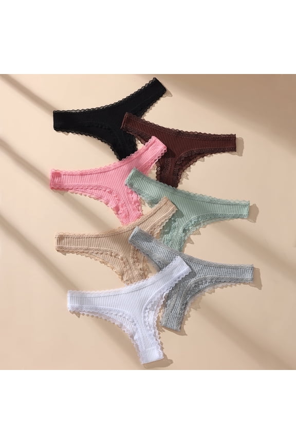 solid color black lace women's thong, low waist exposed navel underwear for women, sexy and seamless versatile underwear 7pcs