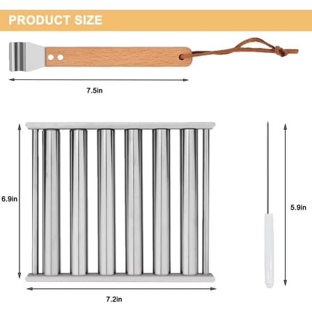 Hotdog Roller Grill, Stainless Steel Hot Dog Roller with Extra Long Wood Handle, BBQ Hot Dog Griller for Evenly Cooked Hot Dogs, 5 Hot Dog Capacity with 4 Skewers, Sivler