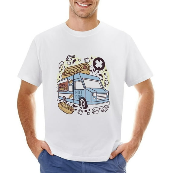 Hotdog Van Men’s T-Shirt 100% Cotton Casual Short Sleeve Tops Gift Tee White 2XL