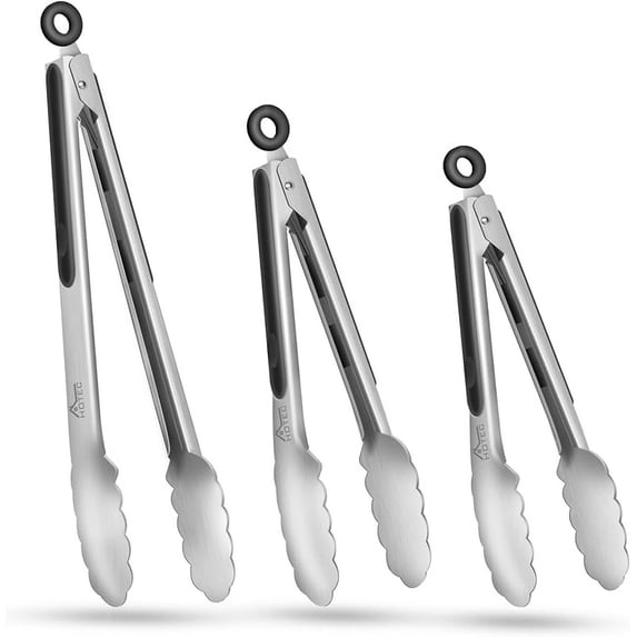 Hotec Stainless Steel Kitchen Tongs Set of 2 - 9" and 12", Locking Metal Food Tongs Non-Slip Grip