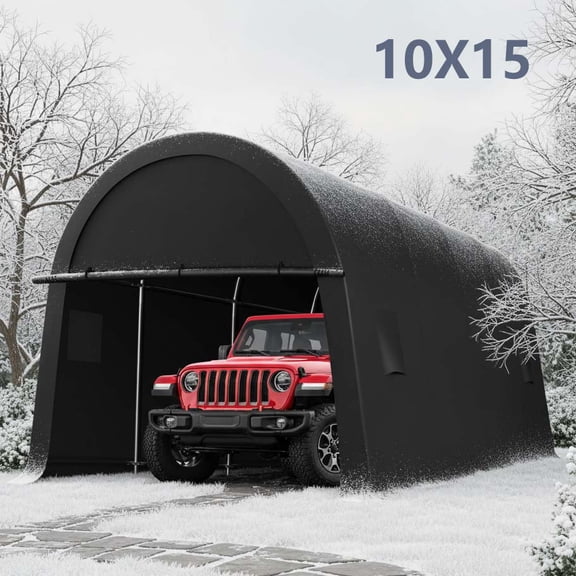 HOTEEL 10×15 ft Heavy Duty Carport Outdoor Metal Car Tent with Metal Frame and Round Roof, Anti-Snow Portable Garage Storage Shelter for Automobiles,Trucks and Boats