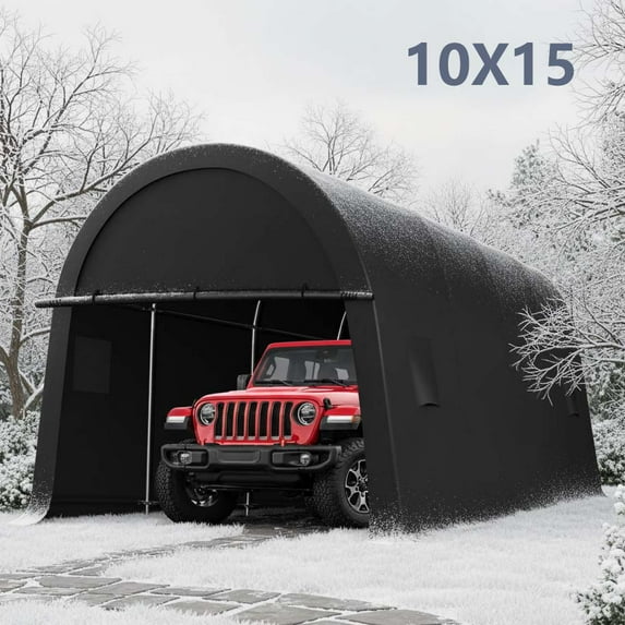 HOTEEL 10×15 ft Heavy Duty Carport Outdoor Metal Car Tent with Metal Frame and Round Roof, Anti-Snow Portable Garage Storage Shelter for Automobiles,Trucks and Boats