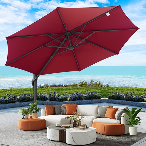 HOTEEL 10 Ft Patio Umbrella Outdoor Cantilever Umbrella Aluminum Offset Umbrella with Base, 360° Rotation,Burgundy