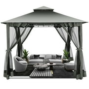 HOTEEL 10x10ft Metal Patio Gazebo, Outdoor Gazebo Canopy Tent for Backyard with Mosquito Netting, Gazebos Shelter with Steel Frame, Patio Covers for Shade and Rain, Gray