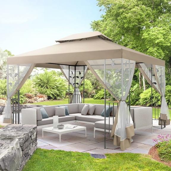 HOTEEL 10x13ft Metal Patio Gazebo, Outdoor Gazebo Canopy Tent for Backyard with Mosquito Netting, Gazebos Shelter with Steel Frame, Patio Covers for Shade and Rain, Khaki