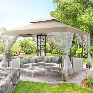 Hoteel 10'x 13' Metal Patio Gazebo, Outdoor Gazebo Canopy Tent for Backyard with Mosquito Netting, Gazebos Shelter with Steel Frame, Patio Covers for Shade and Rain, Khaki