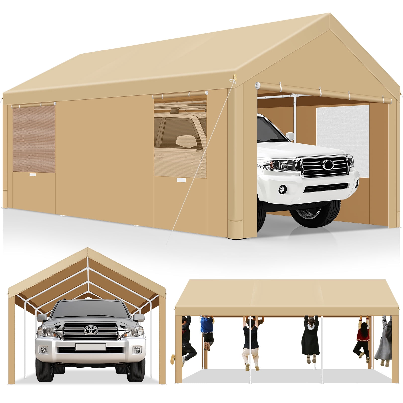 HOTEEL Carport 10'x20' Large Heavy Duty Car Canopy with Steel Frame, Portable Garage Wedding Tent Big Tents Carports Shelter, All-Season Tarp for Outdoor Party Birthday, Khaki
