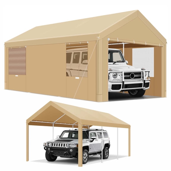 HOTEEL Carport 10'x20' Large Heavy Duty Car Canopy with Steel Frame, Portable Garage Wedding Tent Big Tents Carports Shelter, All-Season Tarp for Outdoor Party Birthday, Khaki