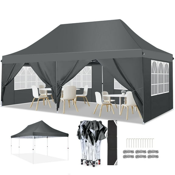 Hoteel 10'x20' Pop up Canopy with 6 Removable Sidewalls, Outdoor Canopy Tents for Parties Wedding, High Stability, Instant Sun Protection Shelter with Upgrade Raised Roof and Carry Bag,Gray