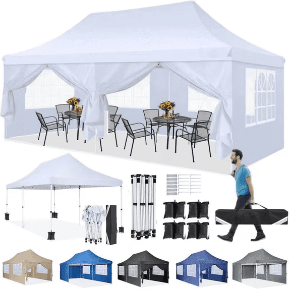 Hoteel 10'x20' Pop up Canopy with 6 Removable Sidewalls, Outdoor Canopy Tents for Parties Wedding, High Stability, Instant Sun Protection Shelter with Upgrade Raised Roof and Carry Bag,White