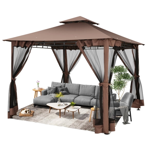 HOTEEL 10x10 Gazebos for Patios, Canopy Tent Outdoor Gazebo Backyard Gazebo Patio with Mosquito Netting and Double Roof for Party, Wedding, BBQ and Event, Brown