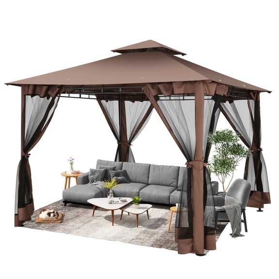 HOTEEL 10x10 Gazebos for Patios, Canopy Tent Outdoor Gazebo Backyard Gazebo Patio with Mosquito Netting and Double Roof for Party, Wedding, BBQ and Event, Brown