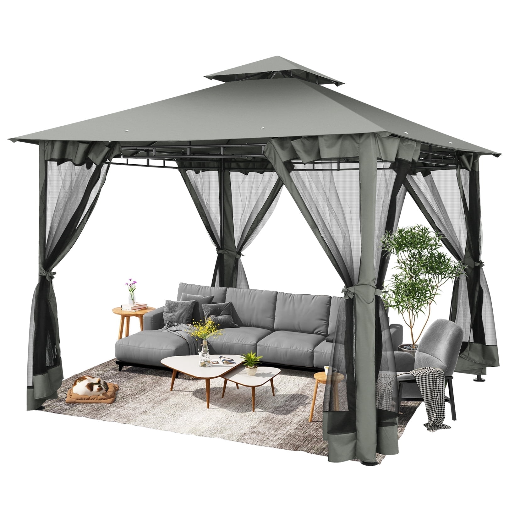 Hoteel 10x10 Gazebo, Outdoor Canopy Tent with Double Roof and Mosquito Netting, Gray