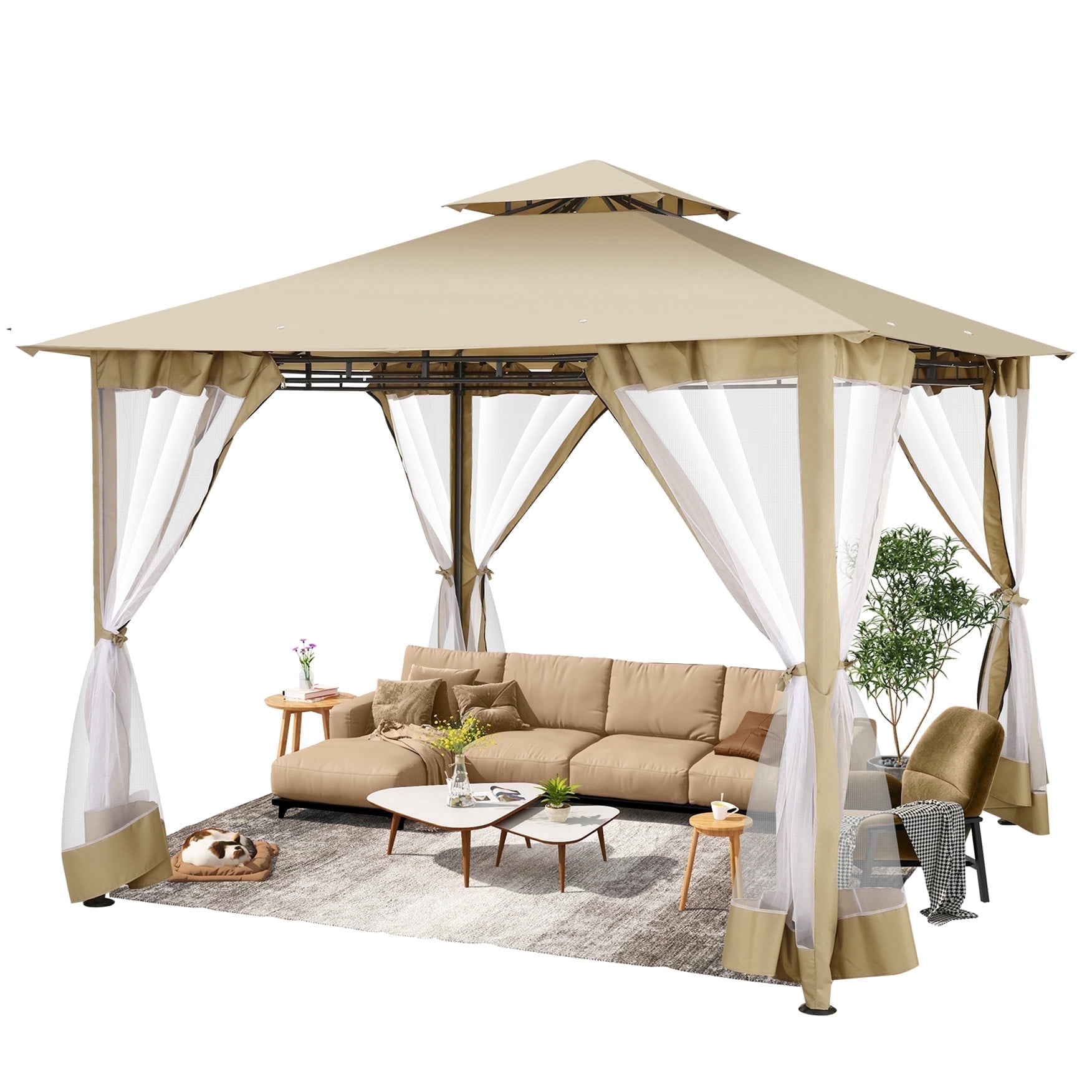 HOTEEL 10x10 Gazebos for Patios, Canopy Tent Outdoor Gazebo Backyard Gazebo Patio with Mosquito Netting and Double Roof for Party, Wedding, BBQ and Event, Khaki