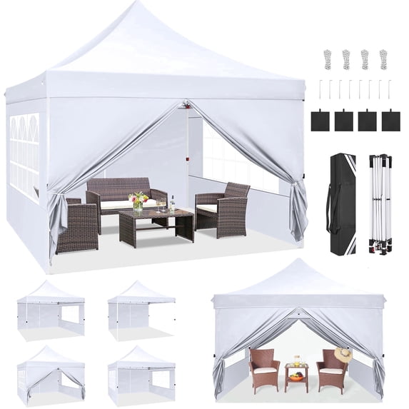 Hoteel 10x10 Pop up Canopy Tent Commercial Instant Canopy with 4 Sidewalls & Sandbags, UPF 50+ All Season Portable Tent for Parties Beach Camping Party Event Shelter Sun Shade, White