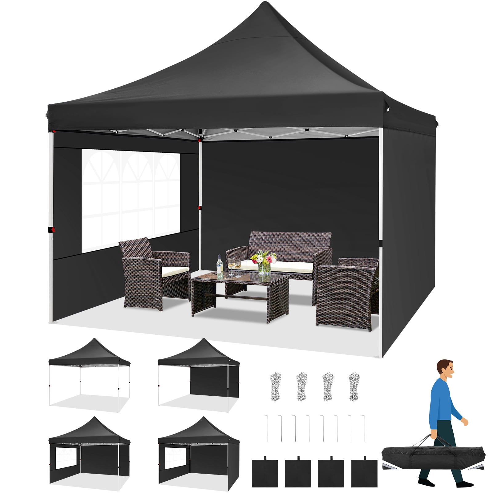 Black 10'x10' Waterproof Pop-Up Canopy Tent with Sidewalls