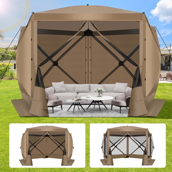 HOTEEL 10x10ft Camping Gazebo Screen Tent, 5 Sided Pop-up Canopy Shelter with Mesh Windows, Portable Carry Bag, Stakes, Waterproof, UV 50+, Large Shade Tents for Outdoor Camping, Backyard, Khaki